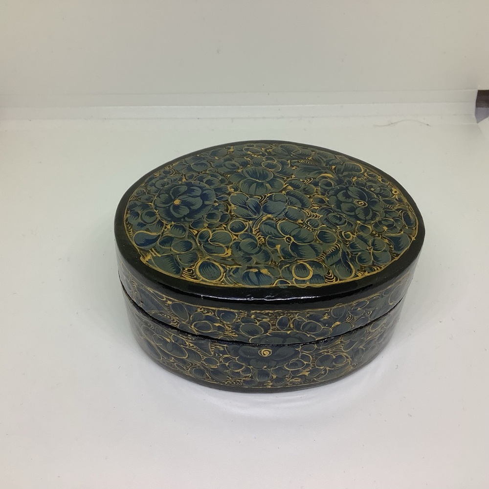 Kashmir Box Hand Made Lacquer Vintage Blue Gold Black